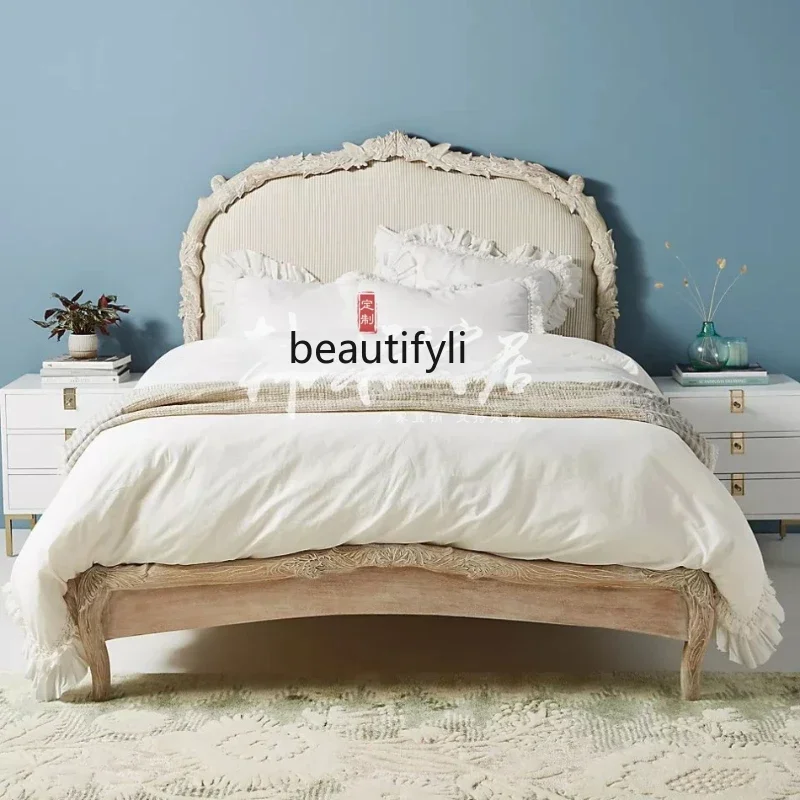 

AHand Carved American Country Oak Marriage Bed French Retro Southeast Asian Double Bed