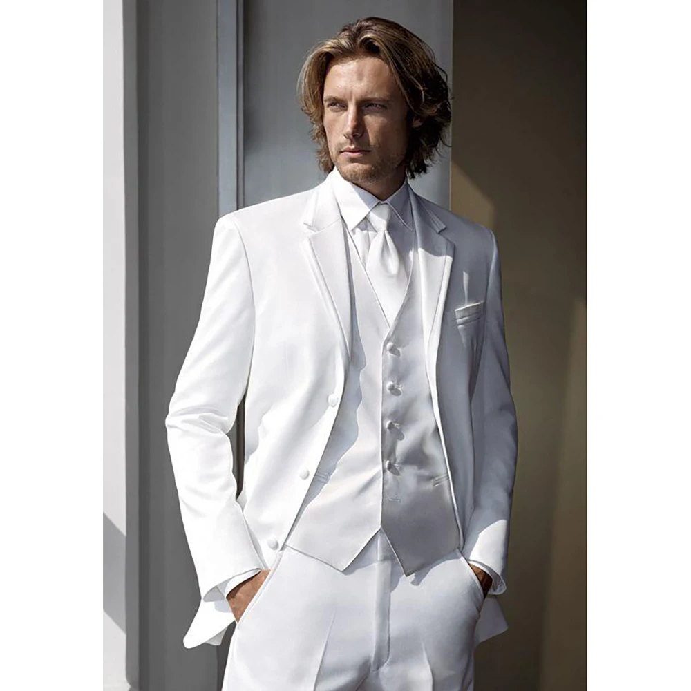 Traje elegante de Príncipe blanco para hombre, traje de tres piezas (chaqueta + Pantalones + chaleco), trajes de solapa, elegante conjunto informal para fiesta de graduación y boda