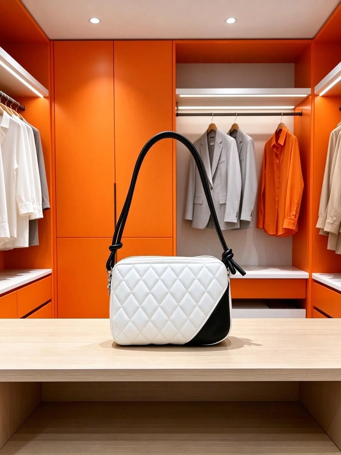 Women Black White Color Block Quilted Small Shoulder Bag, Zipper Camera Handbag, Knotted Strap Casual Fashion Purse