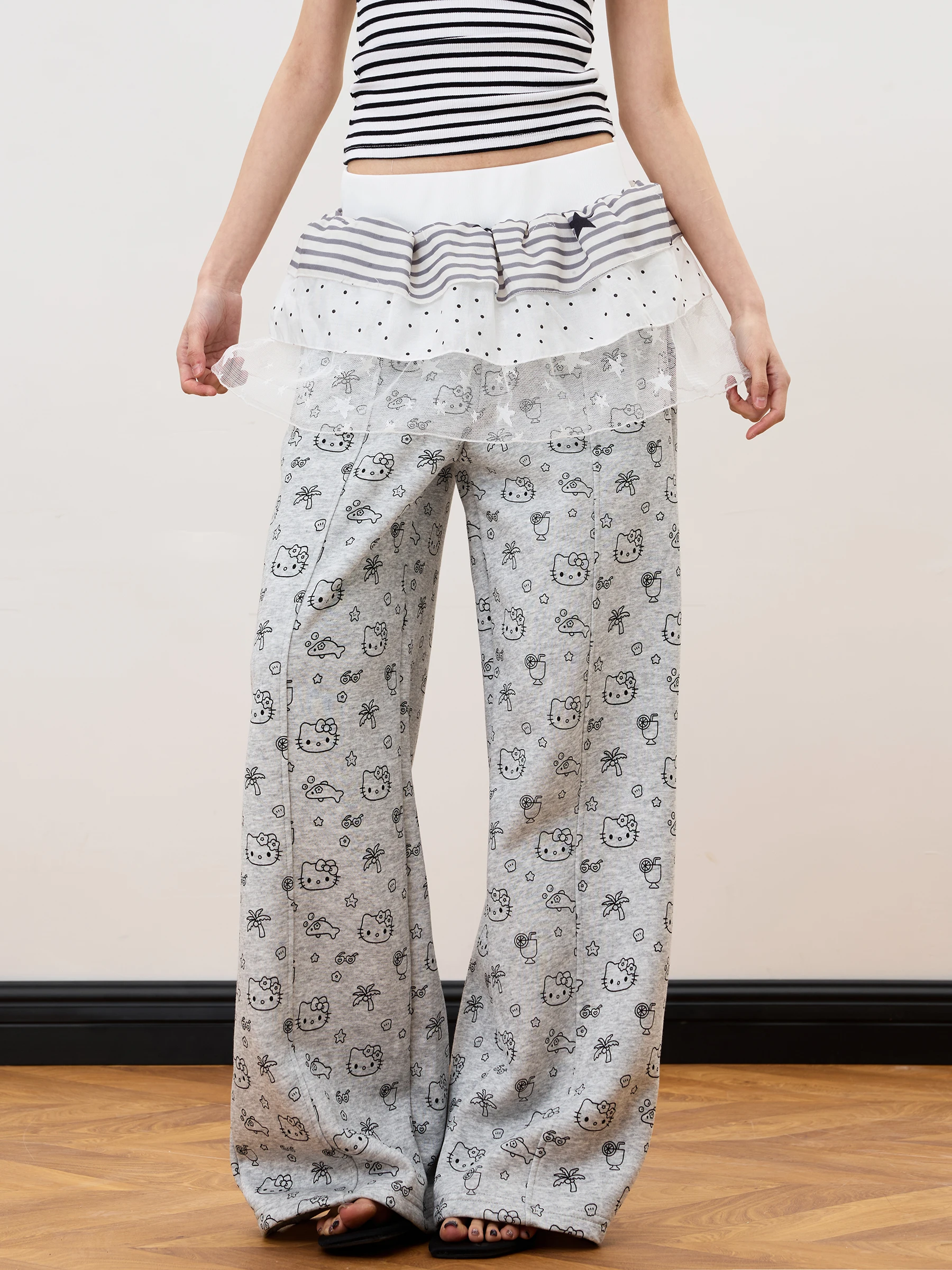 

Спортивные брюки Junecut с мультяшным принтом и кружевной отделкой, универсальные широкие брюки свободного кроя для уличных танцев, женские повседневные модные брюки