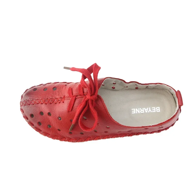 BEYARNE Spring and summer new genuine leather shoes women hollow female Lace genuine leather flats women shoes casual shoes wome