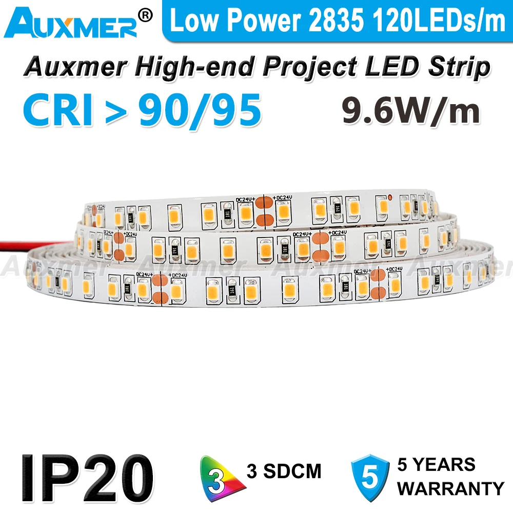 Low Power 2835 120LEDs/m LED Strip Lights,9.6W/m CRI95/90 2200K~10000K White Flexible Led Tape IP20 DC12V/24V Home Lighting 5m