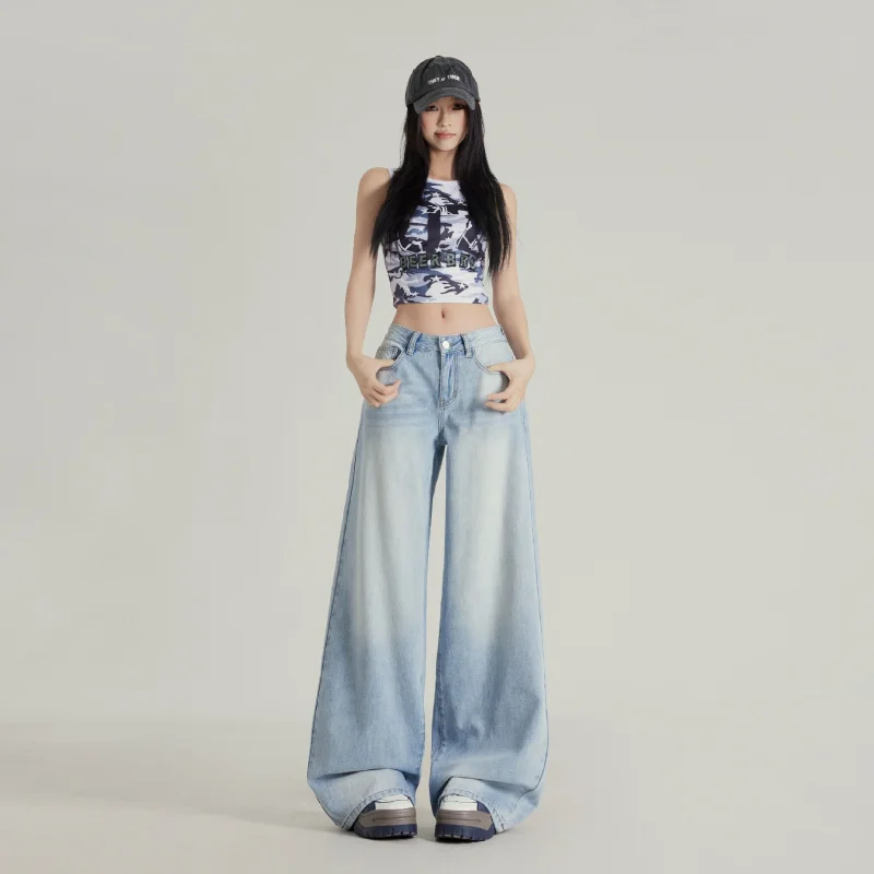 

Spring American Style Lazy Jeans for Women, Loose Fit, Slimming, Pear Shape, Draped, Floor-Length, Versatile Straight Pants