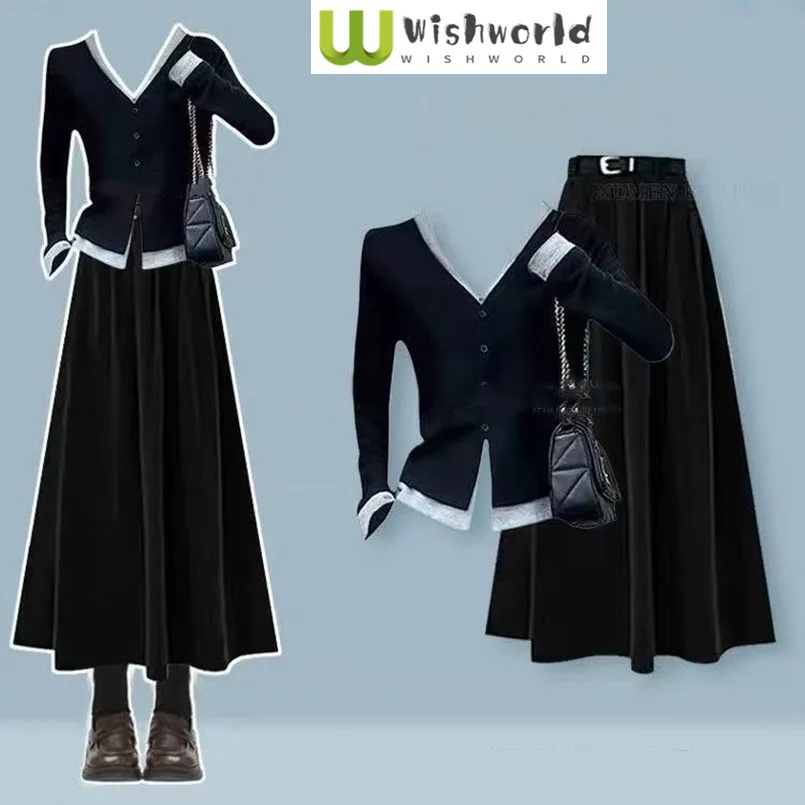 

Spring and Autumn Set Women's Korean Style Aging Knitted Shirt+High Waist Slimming Skirt Two Piece Set