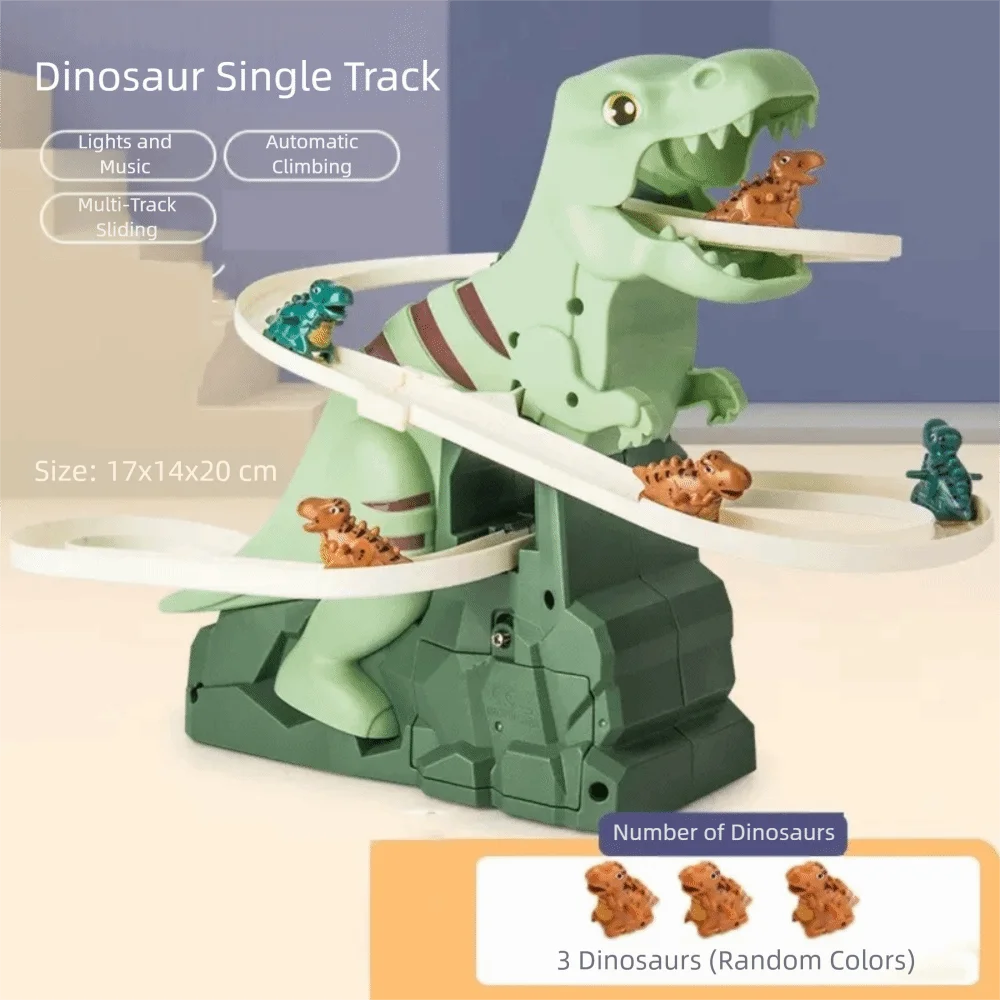 met lichte muziek elektrische dinosaurus racebaan cartoon dinosaurus dubbel spoor dinosaurus klimglijbaan trap kind cadeau