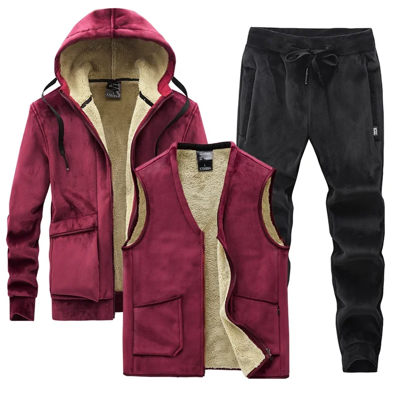 Men Winter Plus Velvet Thick Tracksuits Men's Lamb Cashmere Hoodies+vests+pants Three-pieces Sets Men Warm Casual Lamb Wool Sets image 3