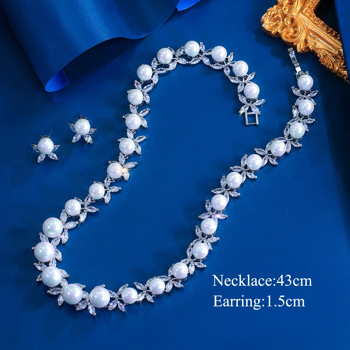 CWWZircons Fancy Shiny Cubic Zirconia Paved Round Big Pearl Bridal Wedding Party Necklace Earrings Jewelry Sets for Women T0618
