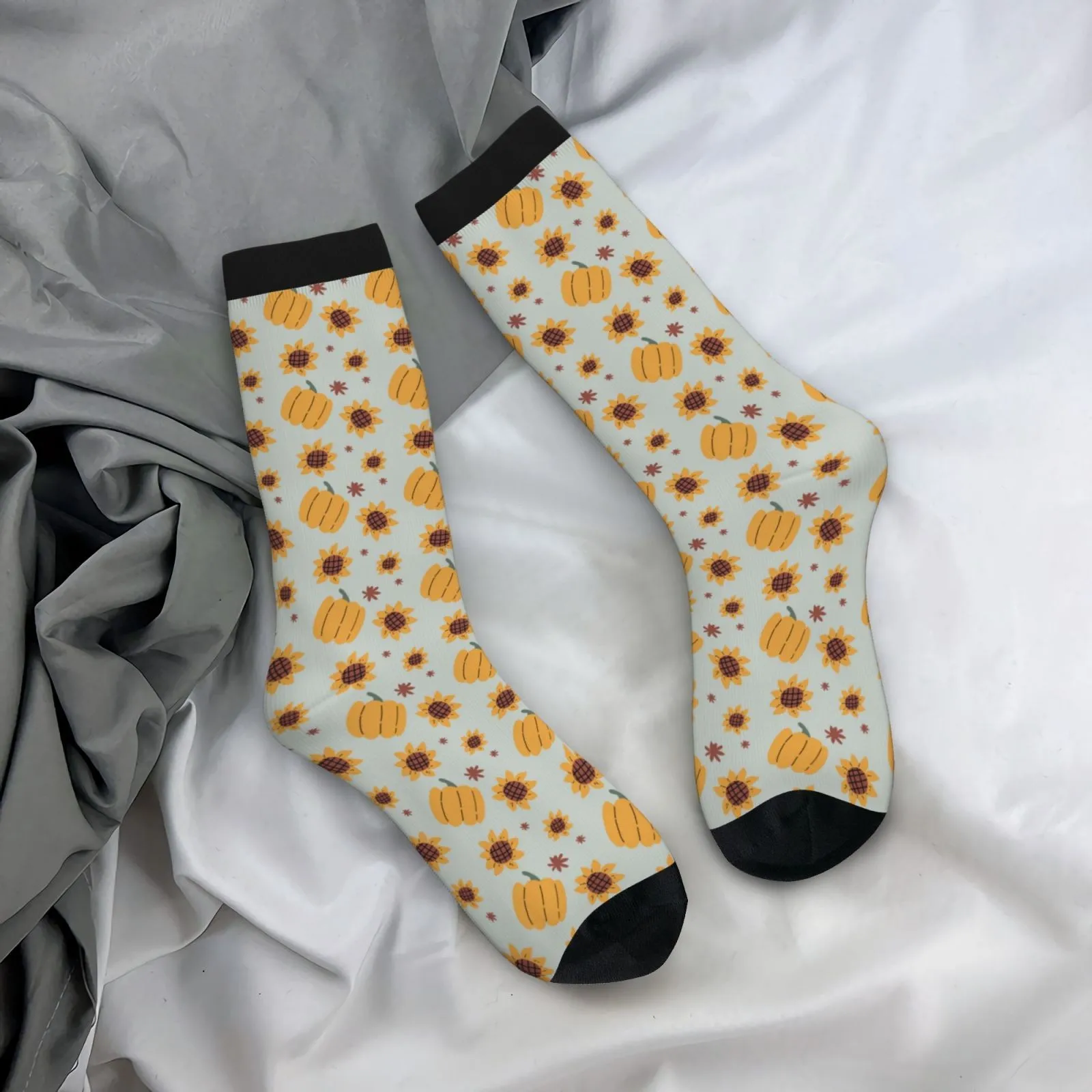 Fall Thanksgiving Pumpkin Sunflower Print Unisex Crew Socks Breathable Casual Calf Socks for Men Women
