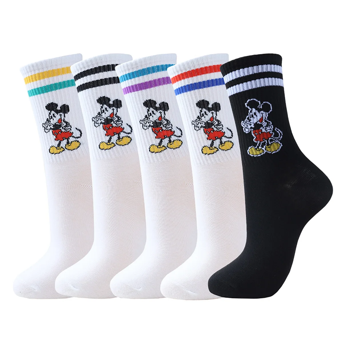

5 Pairs Disney Anime Sport Socks Cute Mickey Mouse Cartoon Cotton Mid-tube Socks Comfortable Kawaii Boys Girls Gifts
