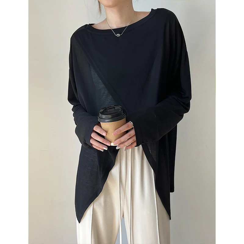 Cross-Front Knit Pullover Top Women Summer Long Sleeve Thin Cover Up Korean Style Casual Loose Black White Top