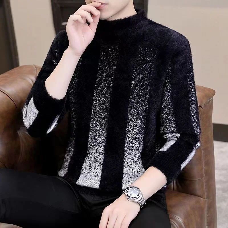 

Imitation Mink Velvet Sweater Male Youth Korean Fashion Autumn Winter Warm Long Sleeve Man Knit Pullovers 2023 Trend Clothing