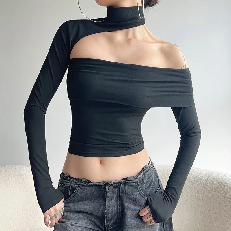 Sexy Asymmetrical Neckline Shoulder Bared Knitted Long Sleeve Elastic T-shirt Design Sense Pleated Wrap Chest Alluring Top