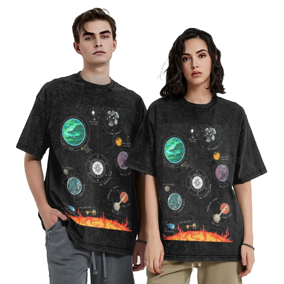 Outer Wilds System Washed T Shirts Oversized Short Sleeve Hip Hop T-Shirt Streetwear Tops Tees for Men Women