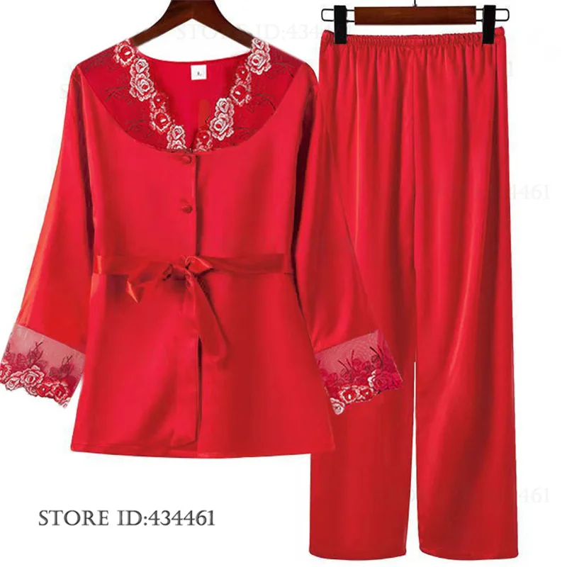 

Ice Silk Female 2Pcs Pajamas Set Loungewear Sexy Patchwork Lace Long Sleeve Trouser Pijamas Suit Spring New Sleepwear Homewear