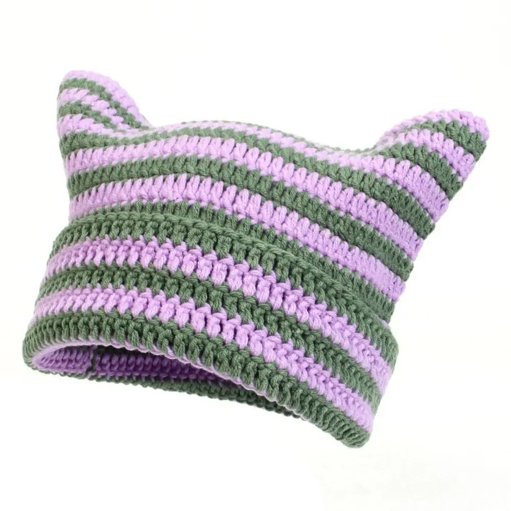 Soft Y2K Cat Ears Beanie Hats Warm Cute Little Devil Cap Ear Protection Wool Stripe Knitted Hat Outdoor