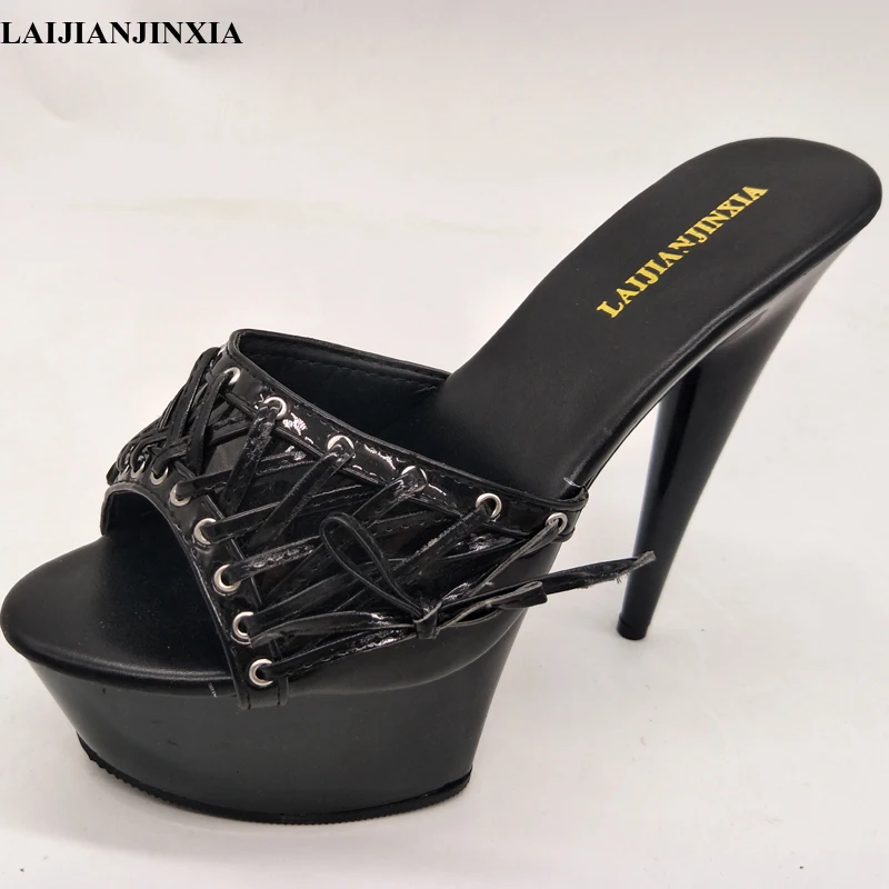 LAIJIANJINXIA New PU Sexy Exotic Pole Dancing Shoes Summer Women Slippers 15CM High Heels Size 34-46 H052