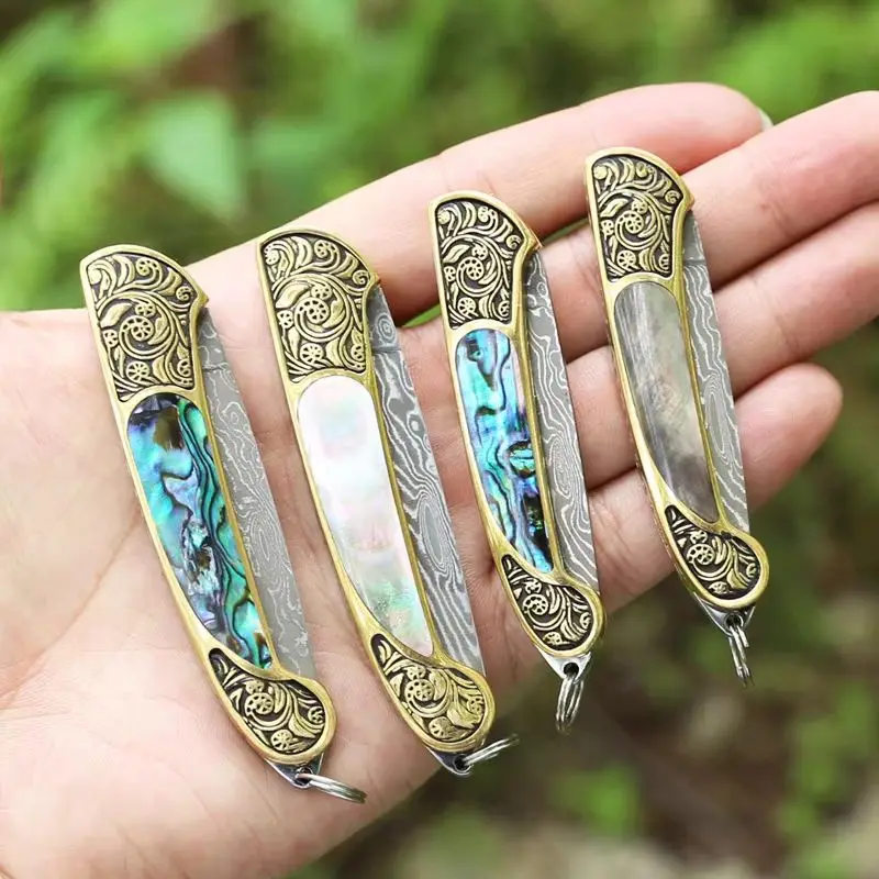 Folding Knife Handmade Damascus Stee Blade Yellow Brass+Seashell Handle Collectible Gifts Knives Camping Tools EDC Pocket Knife