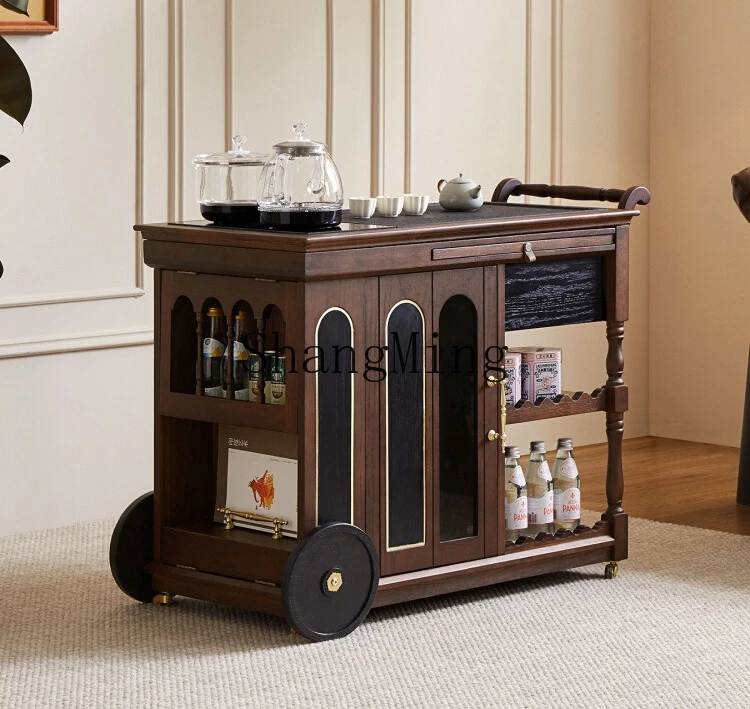 

CL Mobile Tea Table Small Household Vintage Style Solid Wood Rock Board Tea Table Rotating Balcony Tea Cart