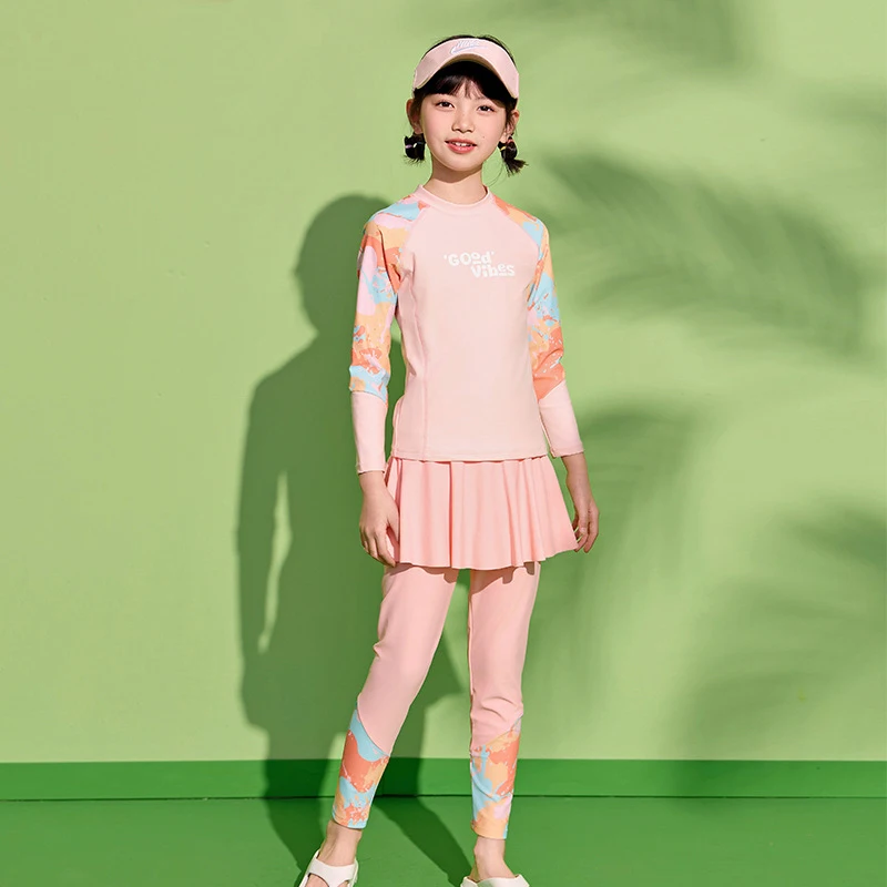 Girls Two Piece Burkini Swimsuit Long Sleeve Pants With Skirt UPF50+ Quick Dry Kids Muslim Swimwear Children Beach Bathing Suit