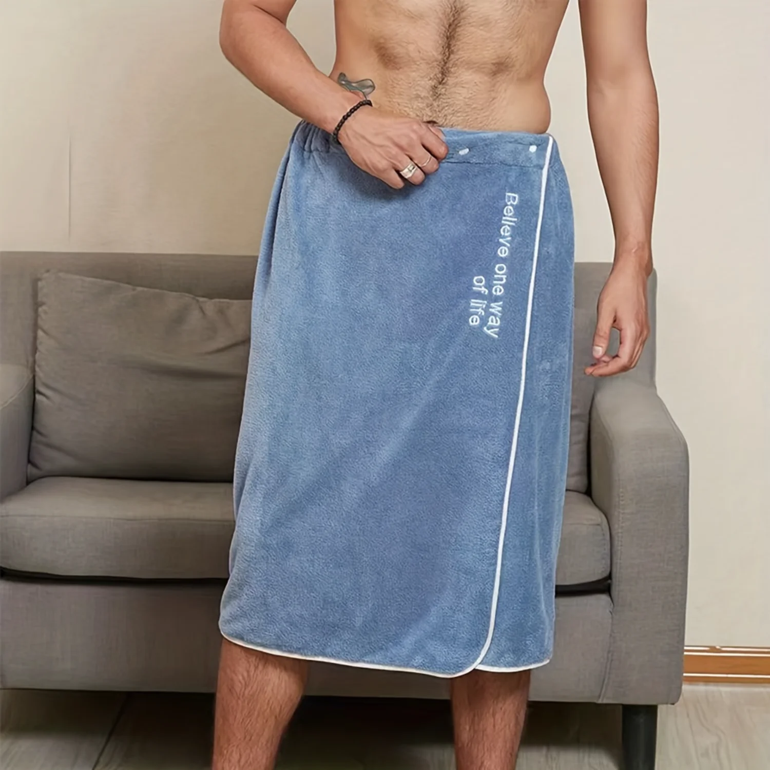 1pc Men's Adjustable Shower Wrap Bath Towel, Soft Wearable Bath Towel, Solid Color Wearable Bath Skirt, Bathroom Accessories