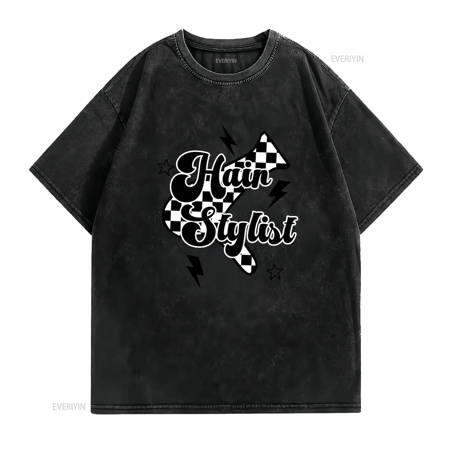 Streetwear Hair Stylist Checkered Lightning Bolt Black White Print Casual T Shirt vintage Washed homme Stylish Unisex