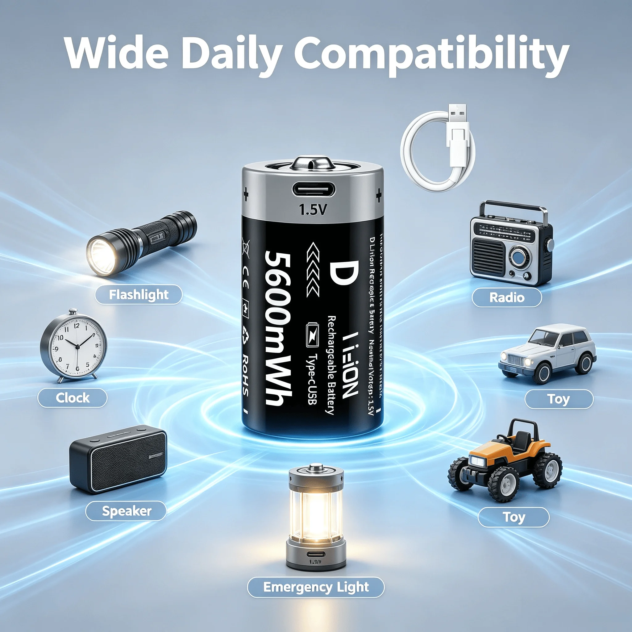 1.5V D Size LR20 Rechargeable Lithium-ion Battery, 5600mWh High Capacity D Cell Battery for Gas Cooker Water Heater Flashlight