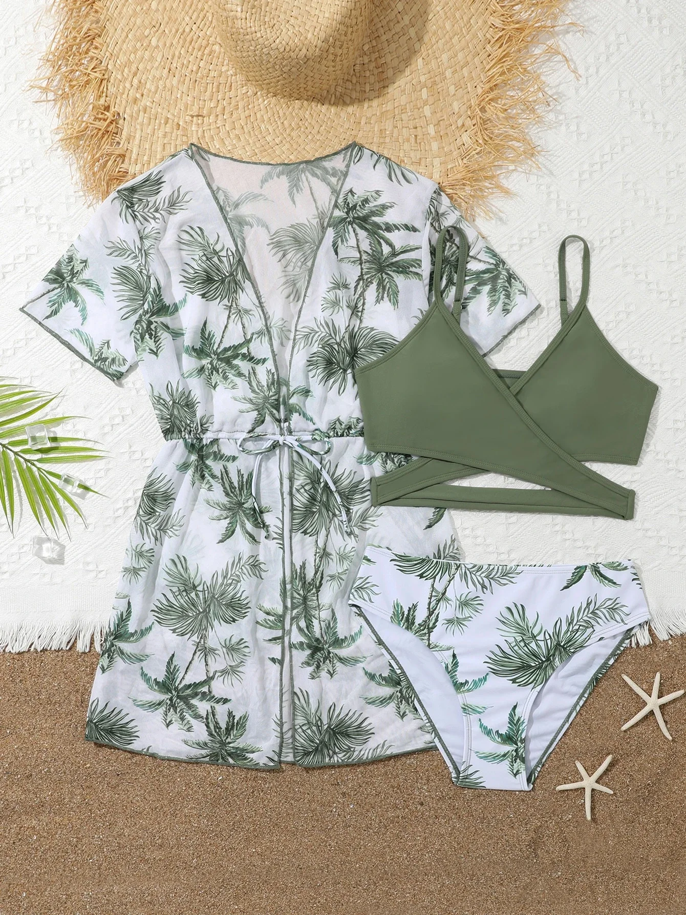 

Tropical Print Bikini Set With Kimono Cover Up For Women
