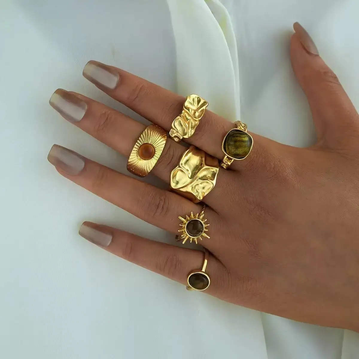 6pcs Set Vintage Gold Color Imitation Tiger Eye Aesthetic Rings For Women Irregular Round Sun Ring Set Statement Jewelry Gifts