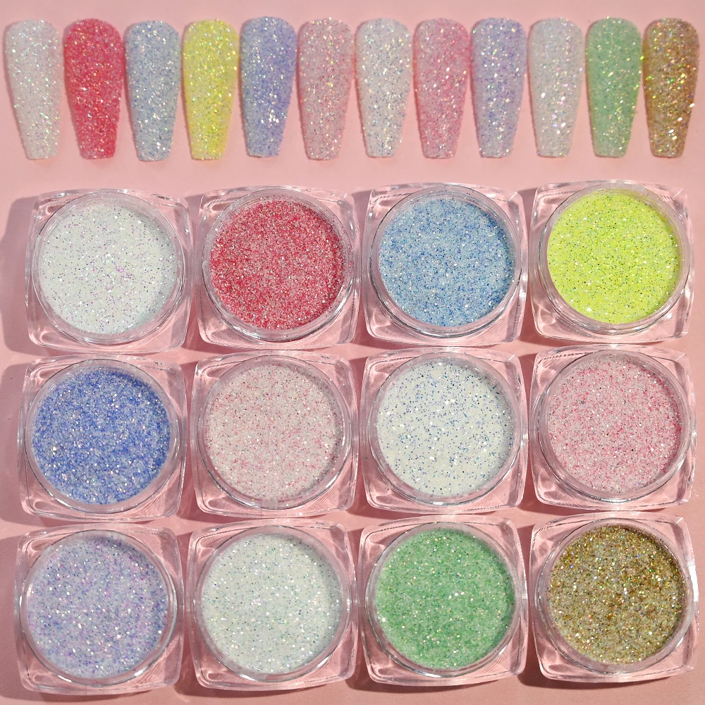 12Colors/Set Glitter Sugar Powder Nail Powder Macaron Sea Salt Powder Sparkly Effect Candy Coat Pigment for Nail Art Decoration