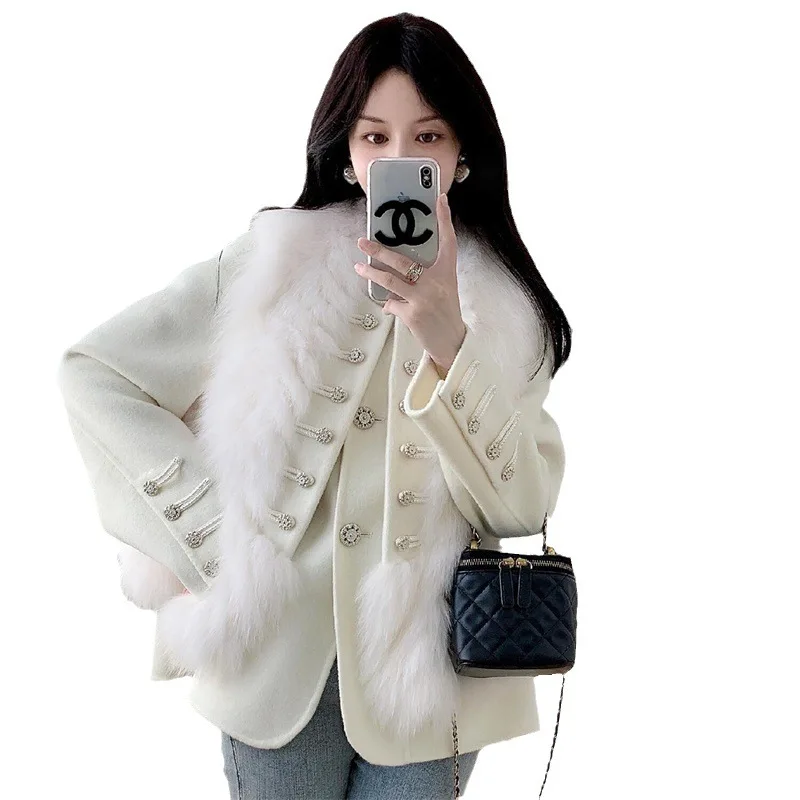 24 Winter New Style One Piece Three Wear Double sided Cashmere Coat Women's Fox Fur Vest Two Piece Set Wool Fleece Fur Coat