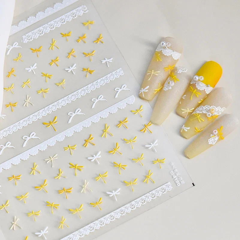 Retro Yellow Dragonfly Bowknot White Lace Flower Ribbon Bow Pearl Rhinestone Bow Tie Nail Art Decoration Stickers Manicure Decal