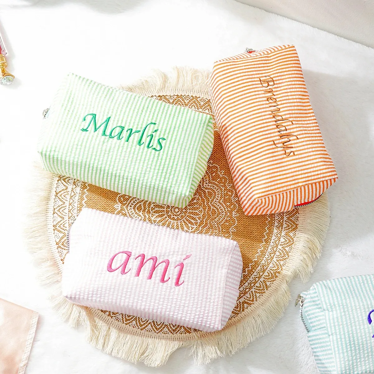 Custom Embroidered Striped Travel Toiletry Bag Personalized Cosmetic Portable Polyester Storage for Travel School Dorm or Home