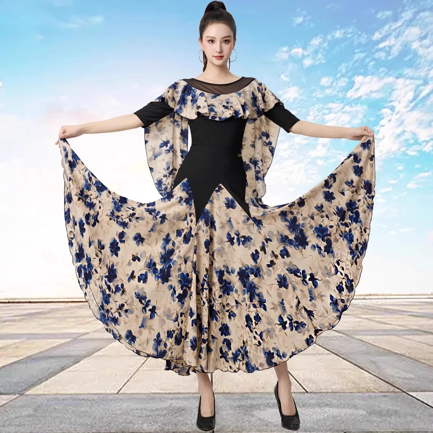 

Women Samba Latin Dance Practice Suit Summer New Net Yarn Printed Modern Dance Performance Costume Square Modern Evening Dresses