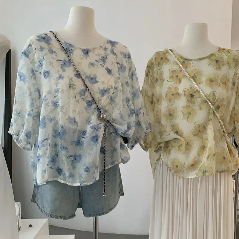 

Blue Floral Printed Chiffon Blouses Women Summer Korean Style O-neck Back Bow Lace-up Loose Sunscreen Shirt Thin Women's Tops