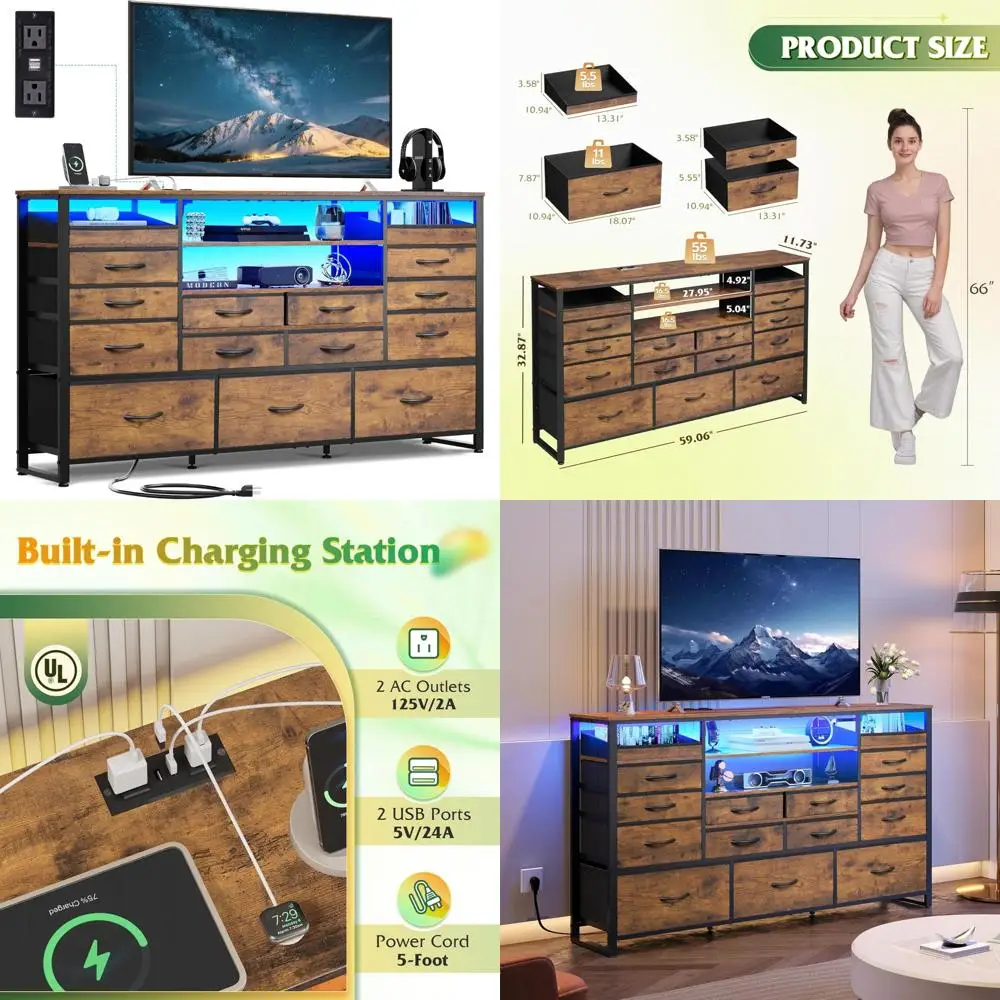 

LED Lighted Entertainment Center TV Stand for 55-65 Inch TVs with Charging Station and Media Console Table