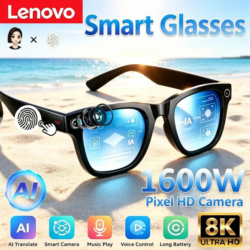 Lenovo AI Smart Glasses 1600W 8K HD Camera Real-time Translation Bluetooth Call Music Smart Sunglasses For Adults Outdoor Travel