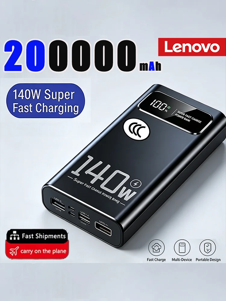 Lenovo 140W Hochleistungs-Powerbank mit 200000mAh, superschnelles Laden, LED-Digitalanzeige, für iPhone und Samsung