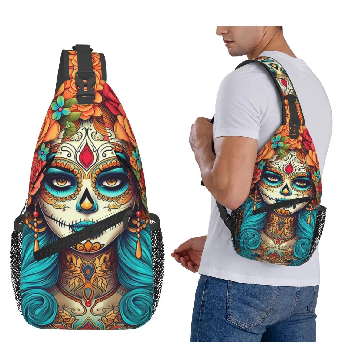 

Mexican Catrina Sugar Skull Lady Chest Bag Men Sling Crossbody Backpack Chest Bag Travel Hiking Daypack Shoulder Bag