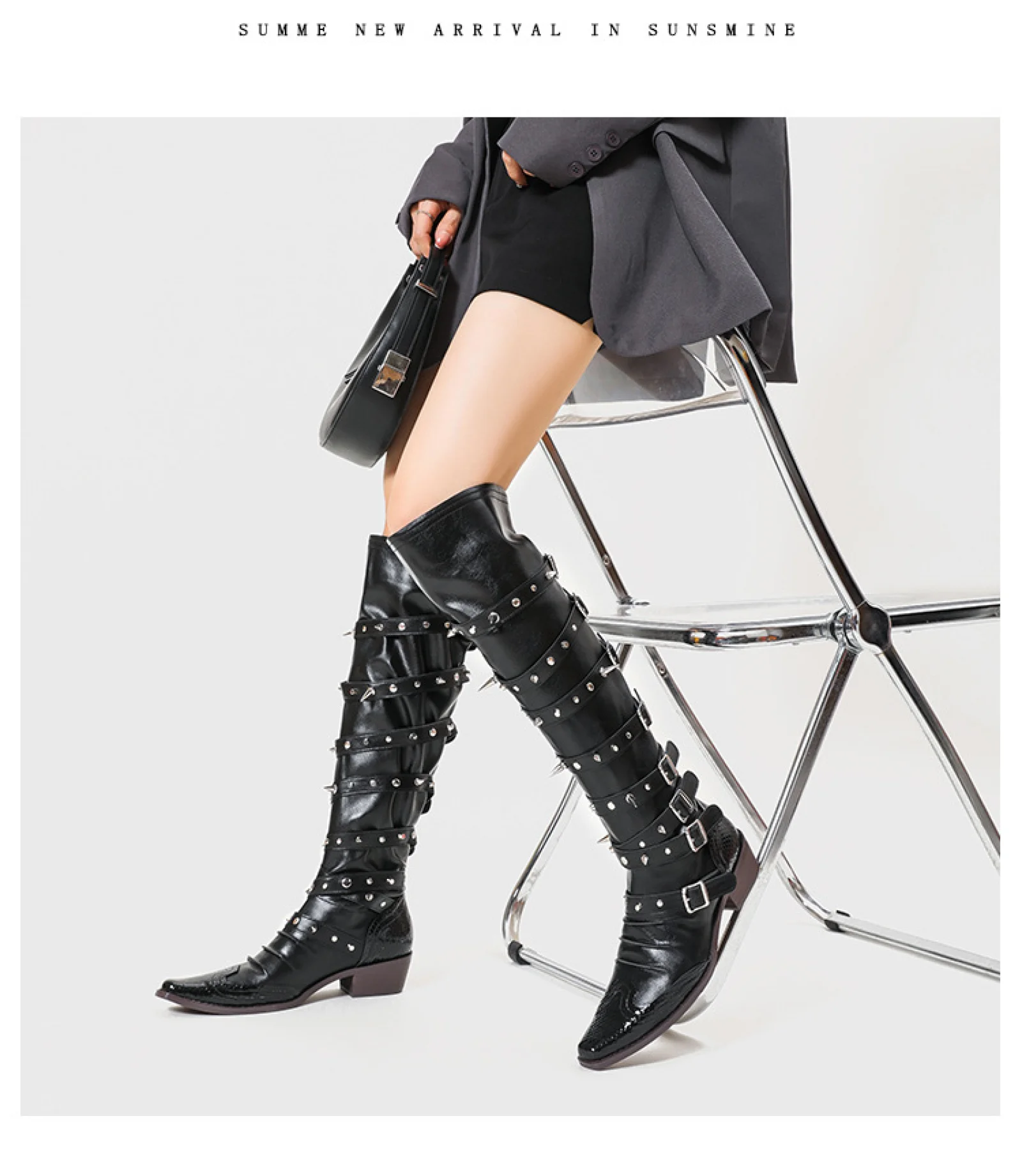 Bottes de Cowboy Punk gothiques à bout pointu pour moto, bottes à rivets avec boucle de ceinture noire, bottes de Combat Badass pour femmes