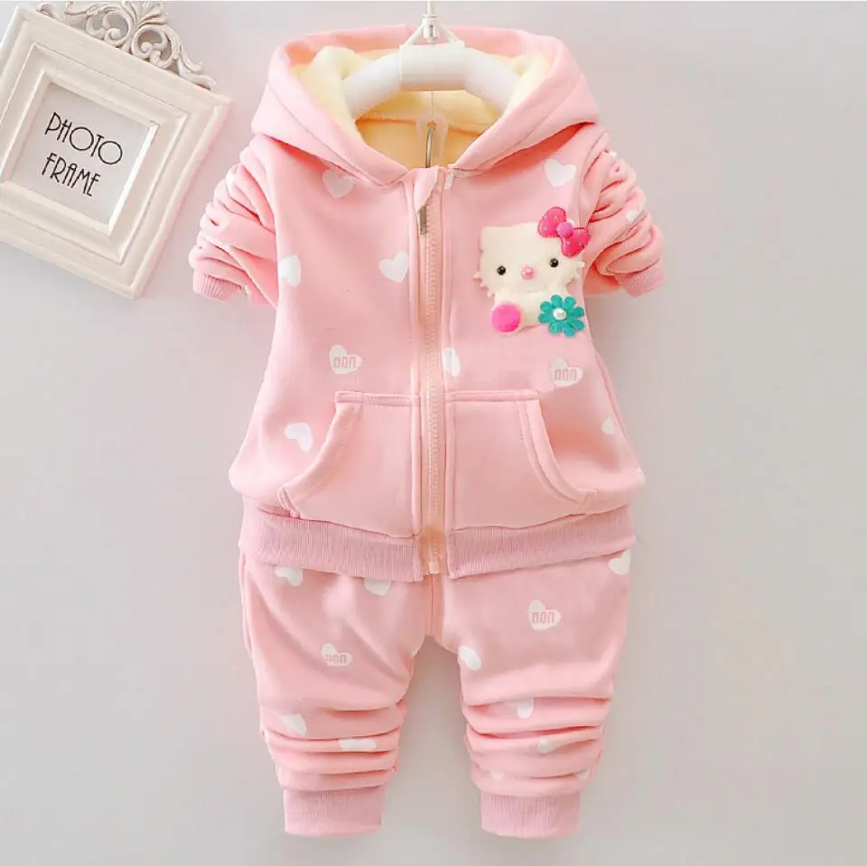 Thick Milk Velvet Toddler Baby Girls Clothes Set Autumn Winter Cartoon 2PCS Outfits Cute Cat Hoodies Jacket And Pants Kids Suit