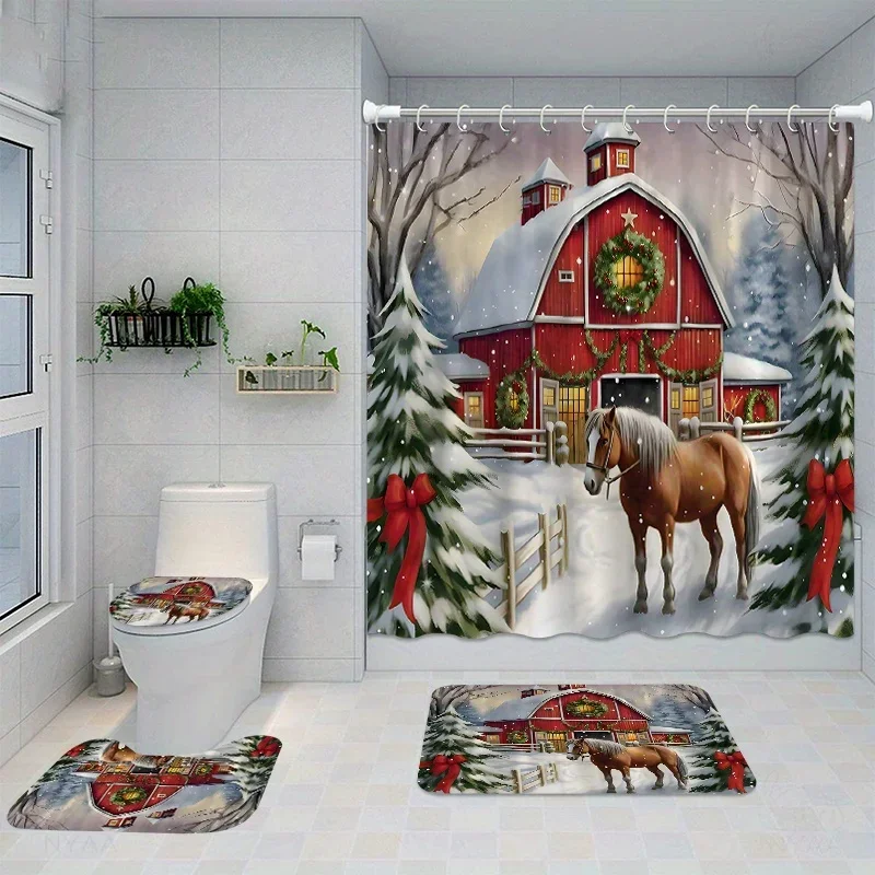 Festive Christmas Barn Shower Curtain Set with 12 Hooks: Waterproof Toilet Seat Cover, Bathroom Mat, And Non-Slip Rug - Polyeste