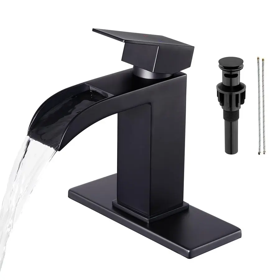 

Black Waterfall Bathroom Faucet 1 Hole Single Handle,Wide Open Spout Waterfall Bathroom Faucet with Pop Up Drain,Stainless Steel