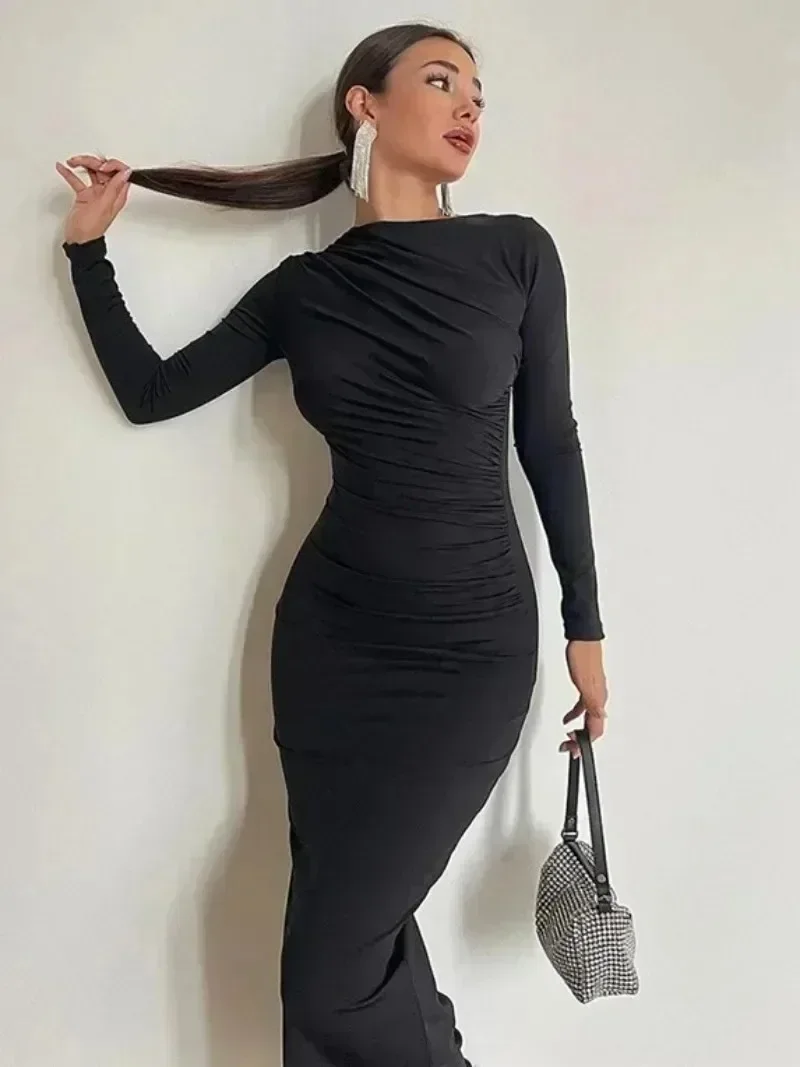 2024 Spring Women\'s O-neck High Waist Folds Long Dress Streetwear Winter Office Lady Solid Tunics Bodycon Evening Party Dresses