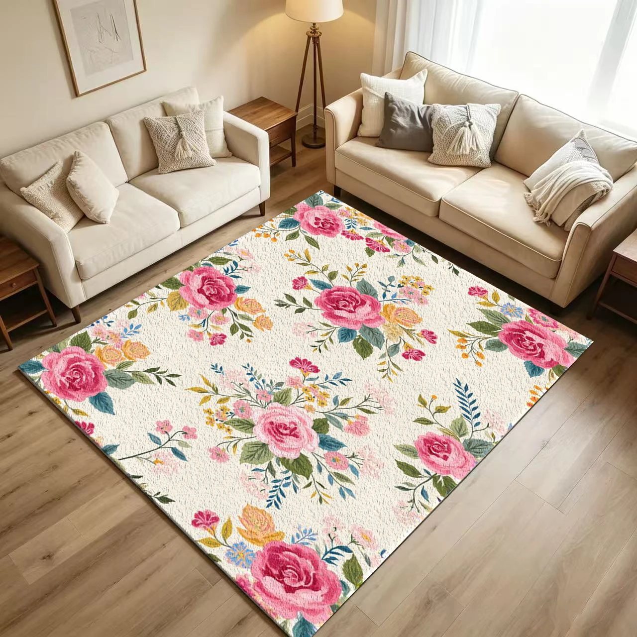 Vintage Pink Rose Floral Carpet Flooring Romantic Garden Blossom Botanical Seamless Art Pattern Printed Floor Rug for Household Indoor Home Interior Decoration