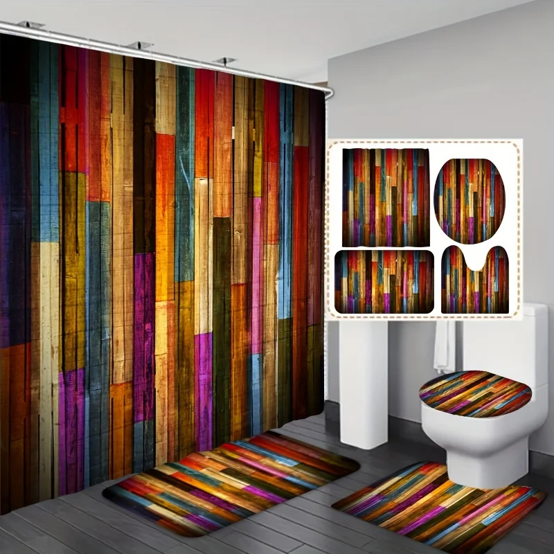 4pcs Rainbow Wood Grain Pattern Shower Curtain Set, Waterproof Bath Curtain With Hooks, U-shaped Mat, Toilet Cover Mat