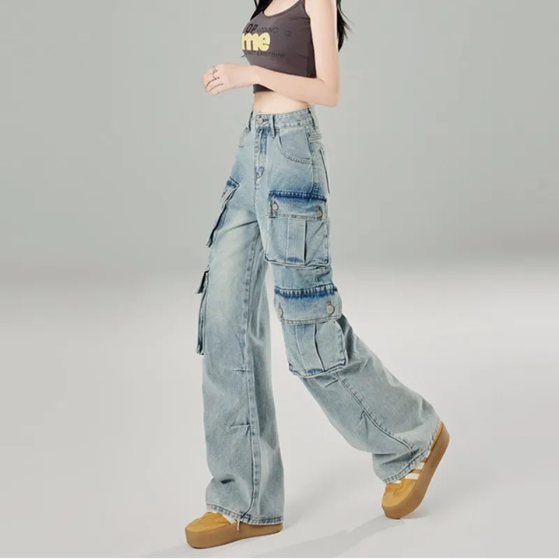 FINEWORDS High Waist Multiple Pockets Loose Women Jeans Korean Casual Vintage Washed Jean Blue Full Length Wide Leg Denim Pants