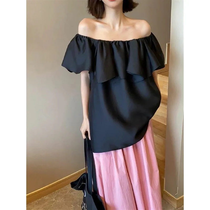 

Шифоновая рубашка на одно плечо для женщин с летающими рукавами, французский однотонный пуловер, повседневный модный топ