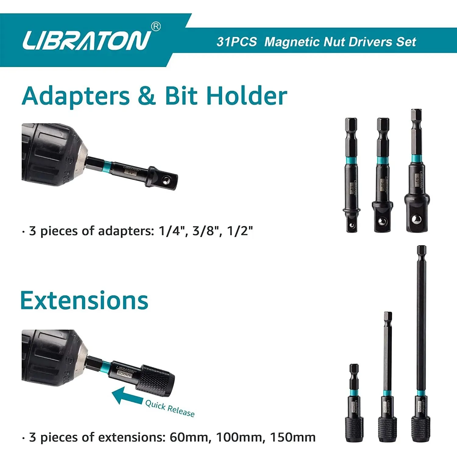 Libraton 31PCS Magnetic Nut Driver Metric & SAE, Impact Drill Driver Bit Set Screwdriver Bits Impact Socket Adapters Bit Holder