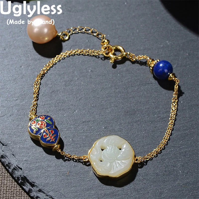 

Uglyless Enamel Gourd Bracelets for Women Vintage Ethnic Jade Pearls Lapis Bracelets Gold 925 Silver Chain Jewelry Floral Bijoux