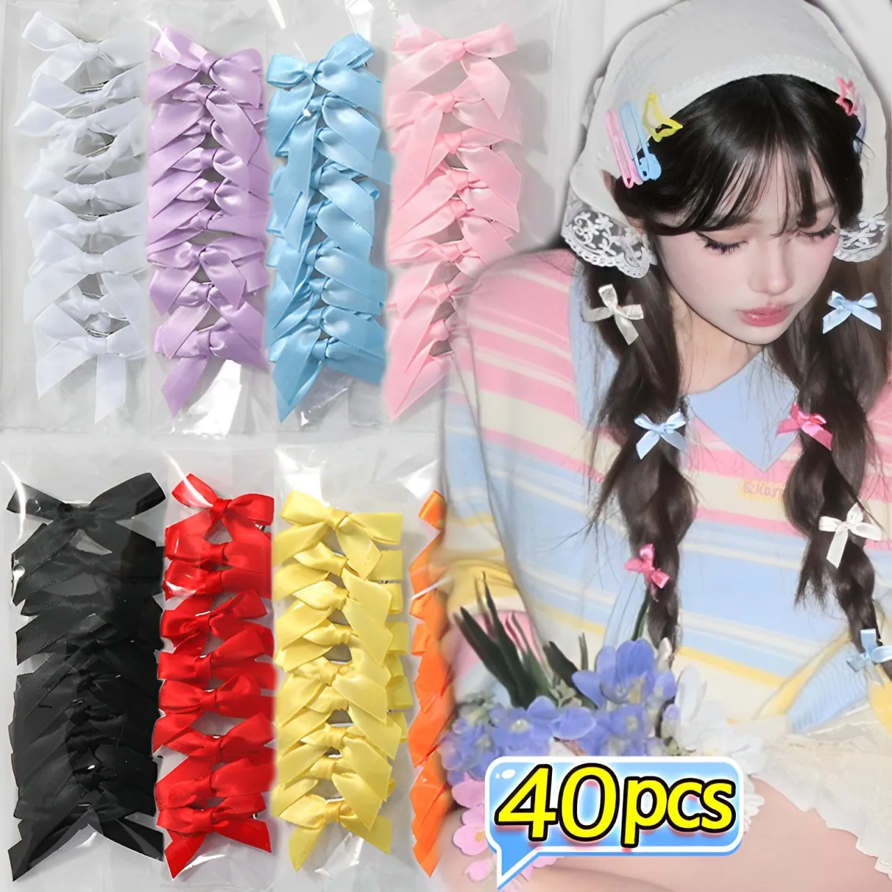 8-40Pcs Colors Silk Ribbon Bowknot Hair Clips Fashion Sweet Cute Girl Barrettes Colorful Lace Women Bobby Pin Y2K Accessories